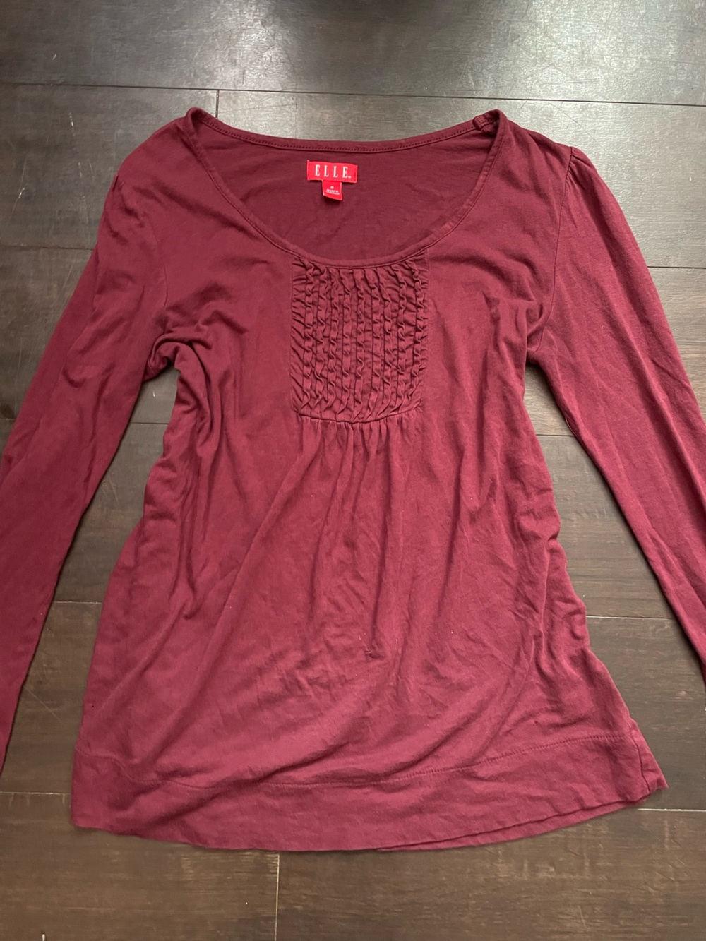 Elle Burgundy Long Sleeve Scoop Neck Top with Front Pintuck Detail